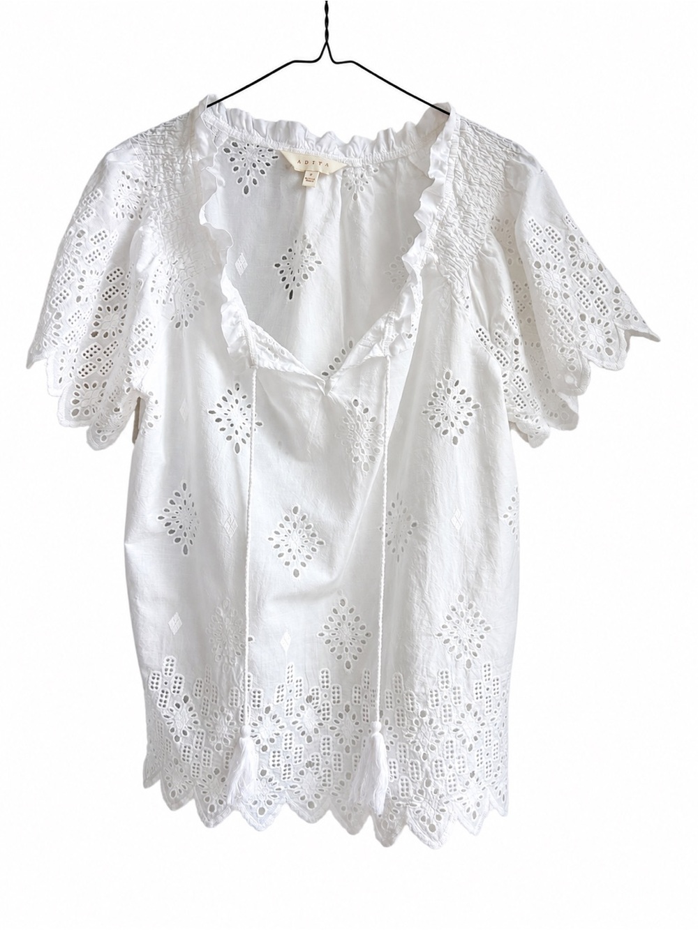 White Eyelet Embroidered Blouse Boho Romantic Flutter Sleeve Size L
